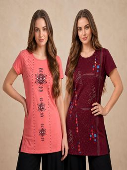 Vero Amore - Womens Printed Half Sleeve Round Neck Long T-Shirt (Pack of 2)
