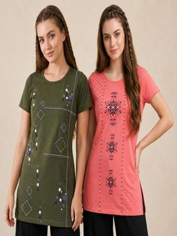 Vero Amore - Womens Printed Half Sleeve Round Neck Long T-Shirt (Pack of 2)