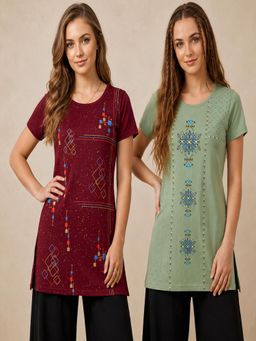 Vero Amore - Womens Printed Half Sleeve Round Neck Long T-Shirt (Pack of 2)