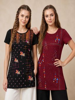 Vero Amore - Womens Printed Half Sleeve Round Neck Long T-Shirt (Pack of 2)