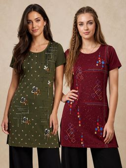 Vero Amore - Womens Printed Half Sleeve Round Neck Long T-Shirt (Pack of 2)
