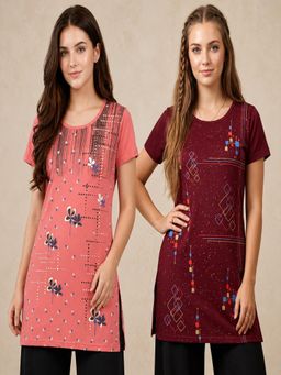 Vero Amore - Womens Printed Half Sleeve Round Neck Long T-Shirt (Pack of 2)
