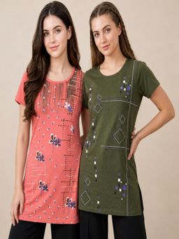 Vero Amore - Womens Printed Half Sleeve Round Neck Long T-Shirt (Pack of 2)