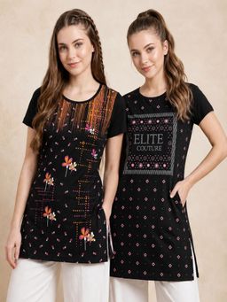 Vero Amore - Womens Black Printed Half Sleeve Round Neck Long T-Shirt (Pack of 2)