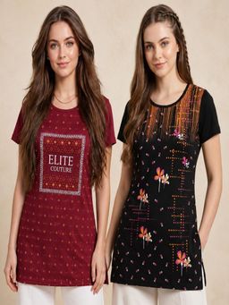 Vero Amore - Womens Printed Half Sleeve Round Neck Long T-Shirt (Pack of 2)