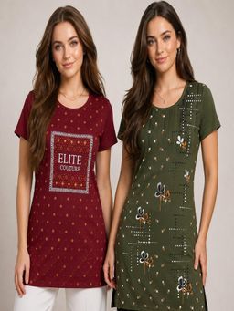 Vero Amore - Womens Printed Half Sleeve Round Neck Long T-Shirt (Pack of 2)