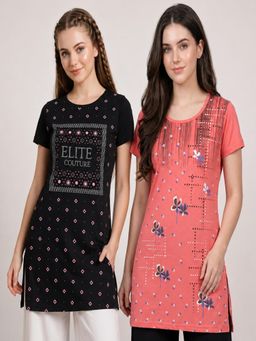 Vero Amore - Womens Printed Half Sleeve Round Neck Long T-Shirt (Pack of 2)