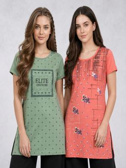 Vero Amore - Womens Printed Half Sleeve Round Neck Long T-Shirt (Pack of 2)