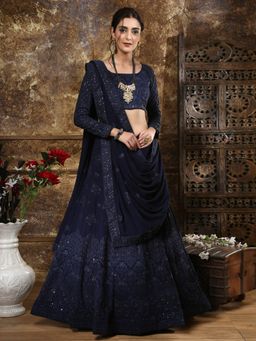 Odette - Pretty Navy Blue Georgette Semi Stitched Lehenga With Unstitched Blouse (Set of 3)