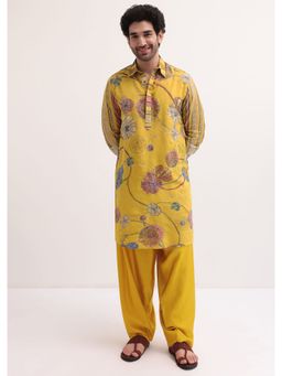 KALKI FASHION - Yellow Resham Work Kurta with Patiala Salwar for Men (Set of 2)