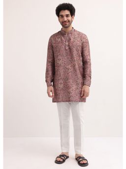 KALKI FASHION - Pink Paisley Printed Silk Short Kurta with Pant for Men (Set of 2)