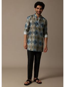 KALKI FASHION - Blue Printed Silk Short Kurta with Pant for Men (Set of 2)