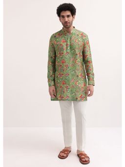 KALKI FASHION - Green Floral Printed Silk Short Kurta with Pant for Men (Set of 2)