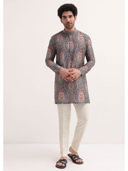 KALKI FASHION - Grey Printed Silk Short Kurta with Pant for Men (Set of 2)