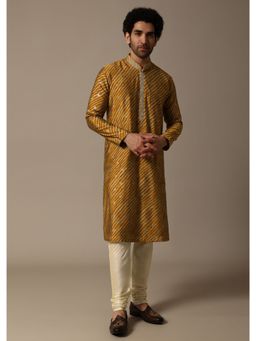 KALKI FASHION - Mustard Leheriya Printed Kurta with Churidar for Men (Set of 2)