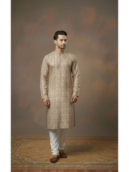 Gahan - Premium Silk-Blend Beige Kurta with Printed Detailing