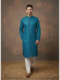 Gahan - Mens Classic Silk-Blend Firozi Kurta with Embroidered Detailing