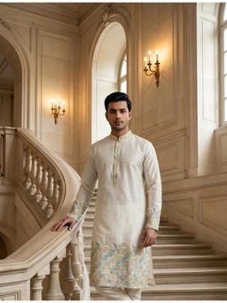 Gahan - Designer Cotton Cream Kurta with Artistic Prints and Modern Elegance
