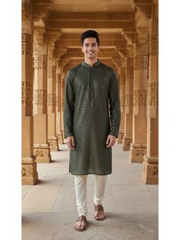 Gahan - Mens Designer Olive Coloured Kurta with Chudidar Featuring With Sequins