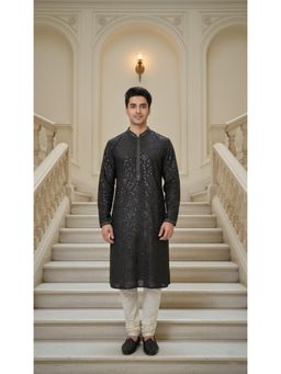 Gahan - Mens Black Embellished Kurta with Chudidar with Heavy Sequins Work