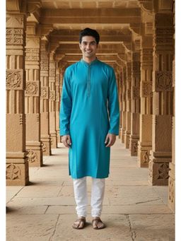 Gahan - Designer Silk Fabric Firozi Kurta with Chudidar For Contemporary Embroidered Style