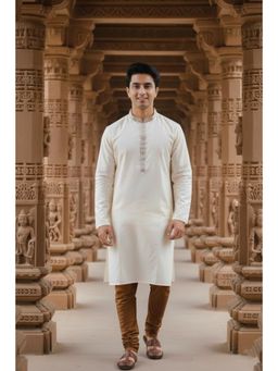 Gahan - Designer Silk Fabric Off White Kurta with Chudidar For Contemporary Embroidered Style