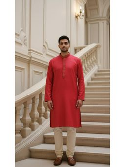 Gahan - Mens Premium Red Kurta with Chudidar with Authentic Embroidery