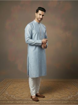 Gahan - Designer Silk-Blend Sea Blue Kurta with Chudidar with Refined Embellishment Detailing