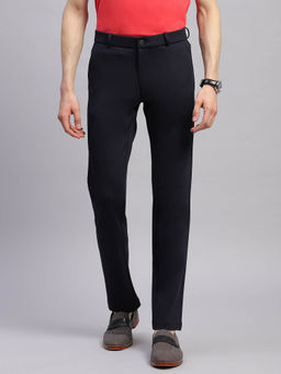 Monte Carlo - Men Solid Navy Blue Regular Fit Casual Trouser