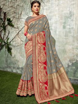 Odette - Grey Weaved Silk Designer Saree with Unstitched Blouse