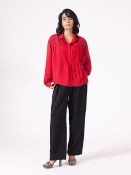 SHAYE - Red Embroidered Spread Collar Full Sleeves Casual Shirt