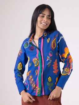 SHAYE - Blue Printed Spread Collar Full Sleeves Casual Shirt