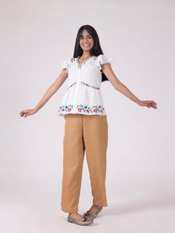 SHAYE - White V-Neck Embroidered Cap Sleeves Casual Top for Women