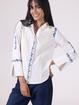 SHAYE - White Collar Embroidered Full Sleeves Casual Shirt