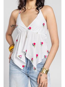 PAST MODERN - White Cotton Halter Neck Floral 1 Top