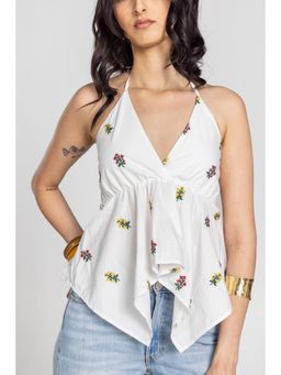 PAST MODERN - White Cotton Halter Neck Floral 1 Top