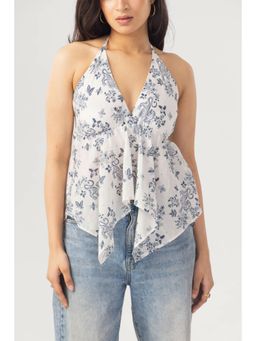 PAST MODERN - White Cotton Halter Neck Printed 1 Top
