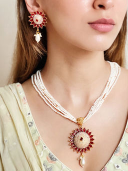 Azai by Nykaa Fashion - Off White Gold Jewellery with Red Stone (Set of 2)