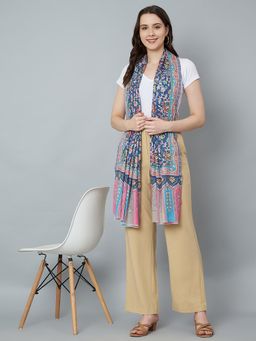 MUFFLY - Women's Pure Wool Kalamkari Print and Aari Embroidery Shawl with Kani Pattern Shawl Blue