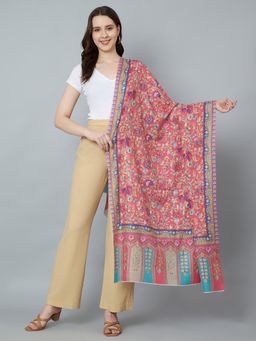MUFFLY - Women's Pure Wool Kalamkari Print and Aari Embroidery Shawl with Kani Pattern Shawl Pink