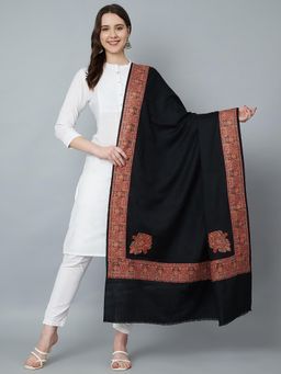 MUFFLY - Silky Pashmina Fine Wool Nalki Border Embroidered Needle Work Shawl, Kingri Shawl Black