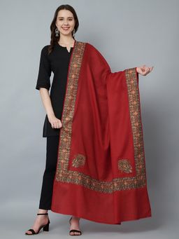MUFFLY - Silky Pashmina Fine Wool Nalki Border Embroidered Needle Work Shawl, Kingri Shawl Maroon
