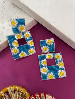 Digital Dress Room - Blue Beaded Drop Earrings Geometric Design