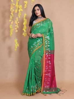 CHARUKRITI - Green Blended Cotton Handwoven Zari Motifs & Floral Borders Saree with Unstitched Blouse
