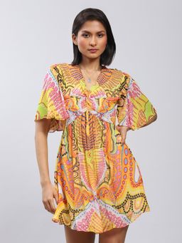 Label Ritu Kumar - V Neck Short Sleeves Printed Short Dress