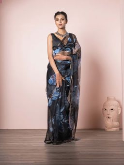 EXCLUSIVA - Black Floral Organza Digital Print Saree Zari Border with Unstitched Blouse