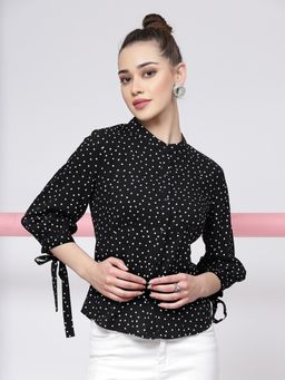 KASSUALLY - Black White Slim Fit Polka Front Open Corset Shirt