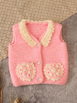 Woonie - Girls Handknitted Pocket Detailed Sweater- Pink