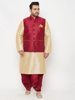 Vastramay - Men's Maroon and Gold Silk Blend Jacket Kurta Dhoti