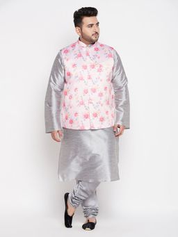 Vastramay - Men's Grey and Pink Silk Blend Jacket Kurta Pyjama